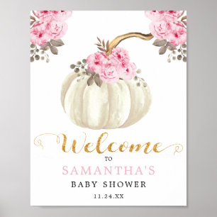 Affiche Petit Baby shower Floral rose Citrouille blanc