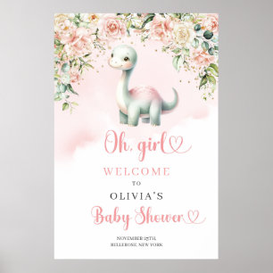 Affiche Petit bébé dinosaure fille rousse roses bienvenue