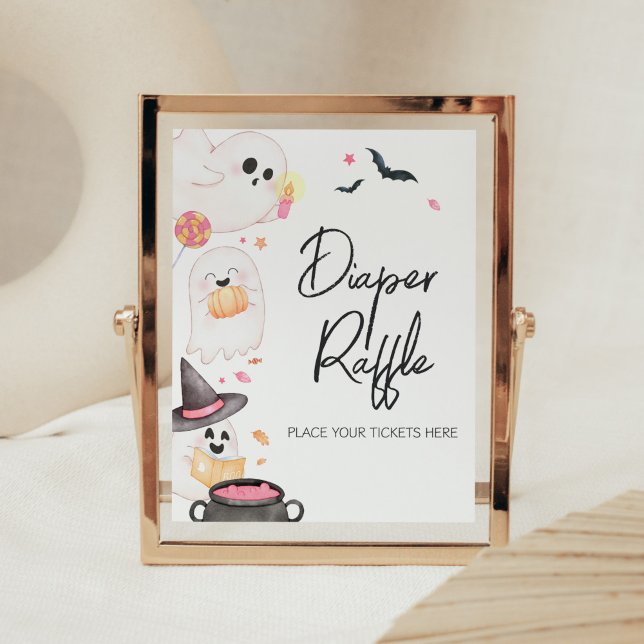 Affiche Petit Boo rose Halloween Raffle de couche (Pink Little Boo Baby Shower Diaper Raffle Sign)