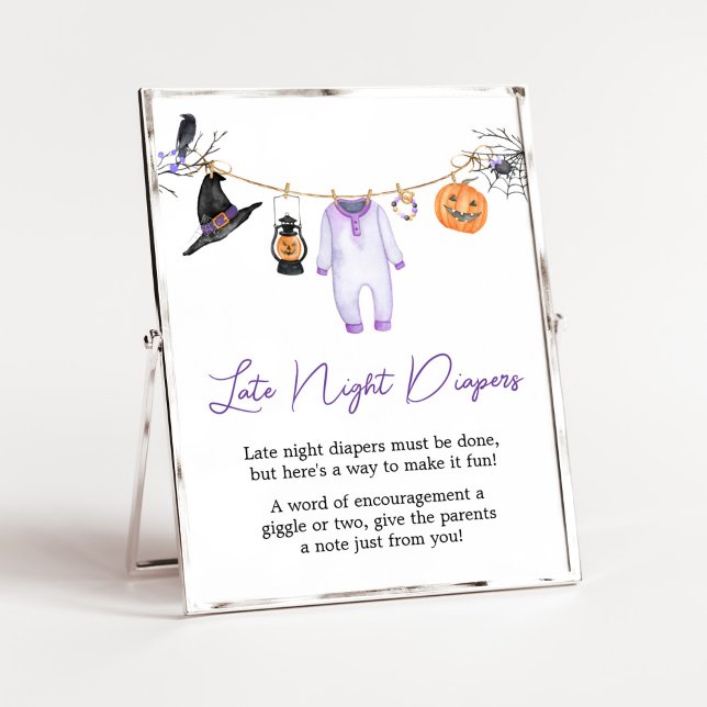 Affiche Petit Boo Violet Halloween Diapositives De Nuit Ta (Halloween Baby Clothes Baby Shower Late Night Diapers Sign)