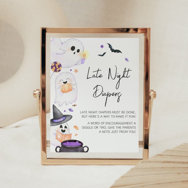 Affiche Petit Boo Violet Halloween Diapositives De Nuit Ta (Purple Little Boo Baby Shower Late Night Diapers Sign)