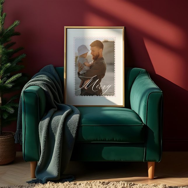 Affiche Petit cadre de vague rétro Joyeux script Photo per (Minimal Retro Wavy Frame Merry Script Custom Photo Poster)