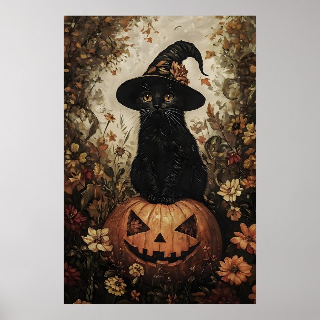 Affiche Petit chat noir dans le chapeau d'une sorcière ave (Devant)