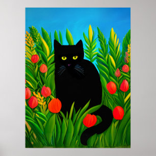 Affiche Petit chat noir dans un jardin de tulipes