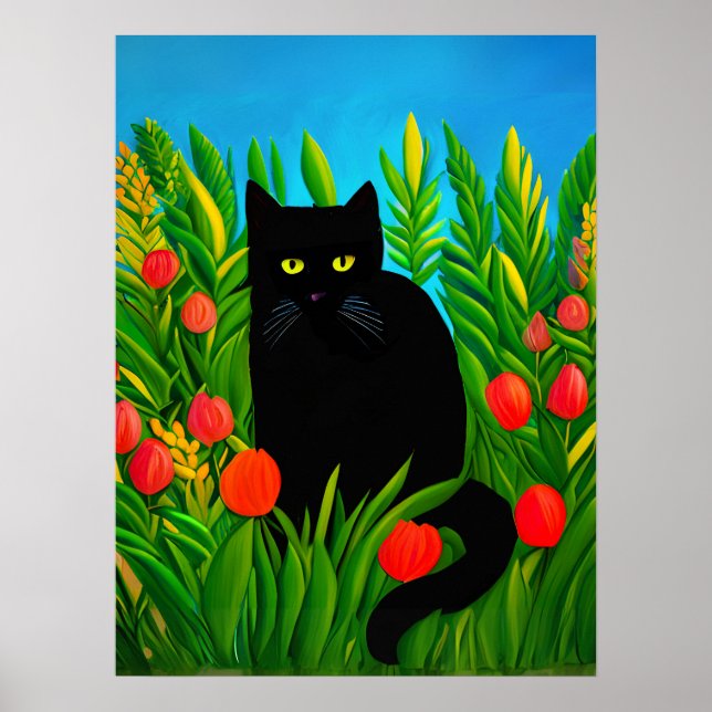 Affiche Petit chat noir dans un jardin de tulipes (Devant)