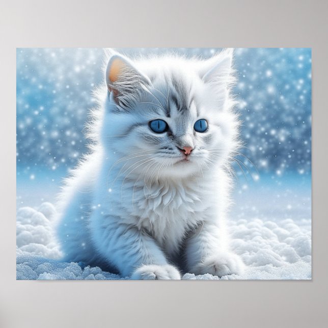 Affiche Petit chaton blanc Noël dans la neige (Devant)