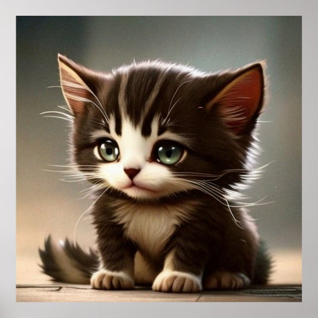Affiche Petit chaton mignon brun foncé et rayures (Devant)