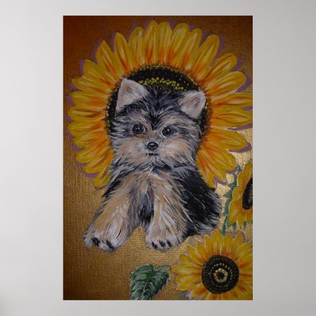 Affiche Petit chien mignon et tournesols (Devant)