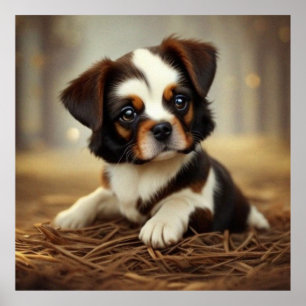 Affiche Petit chiot mignon chien brun foncé et blanc