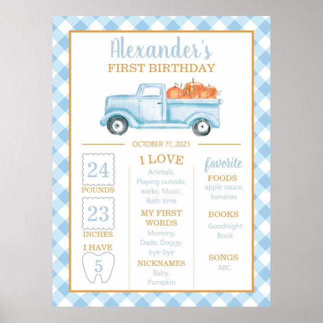 Affiche Petit Citrouille bleu camion premier anniversaire  (Devant)