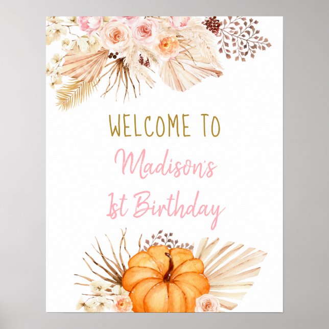 Affiche Petit Citrouille Boho Floral Anniversaire Bienvenu (Devant)