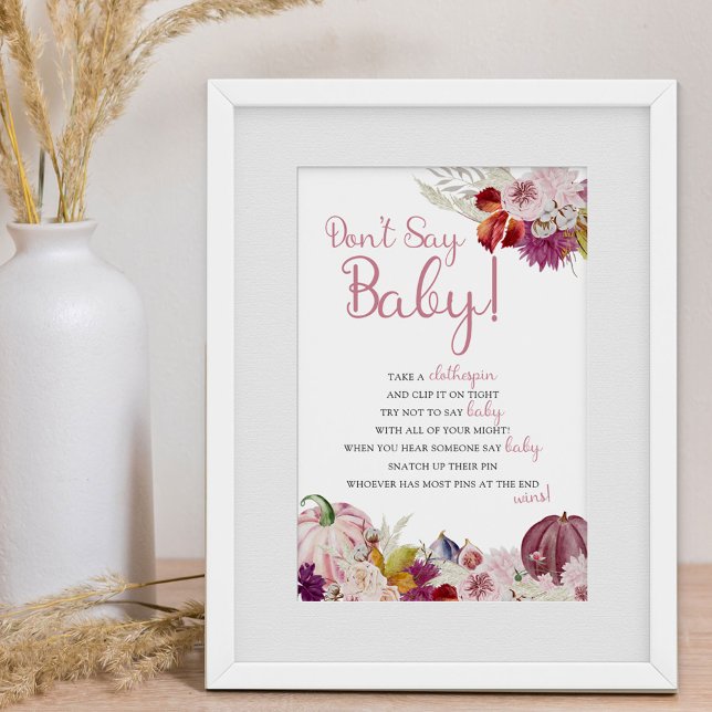 Affiche Petit Citrouille Rustic Floral Vêtements Jeu de br (Fall Baby Shower Game Sign - Don't Say Baby clothes pin game)