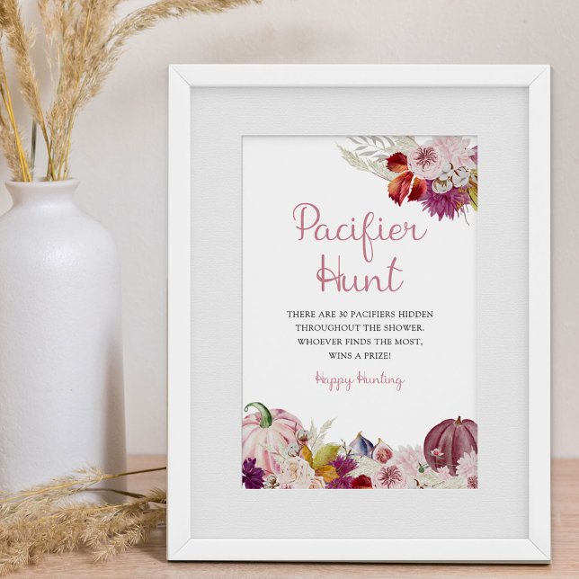 Affiche Petit Citrouille Rustique Floral Pacifique jeu de  (Fall Baby Shower Game Sign - Pacifier Hunt)
