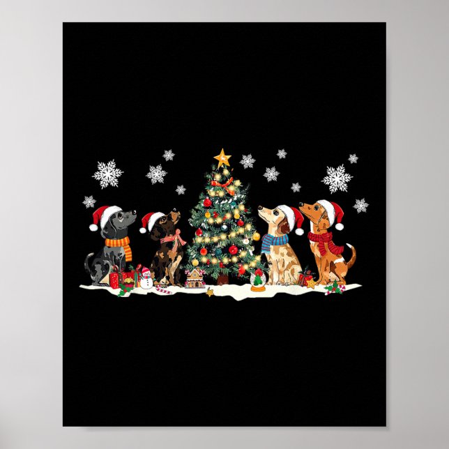 Affiche Petit Dachshund Santa Hat Noël Arbre Lumières Chie (Devant)