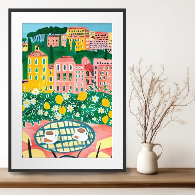 Affiche Petit déjeuner sur Terrasse Whimsical City Paintin (Breakfast on Terrace Europe Whimsical Cityscape Gouache Painting Wall Art Poster
)