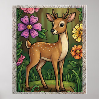 Affiche Petit Faon Mignon dans un Jardin de Fleurs Colorée
