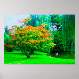Affiche Petit Fleuve Orange Arbre Et Herbe Verte