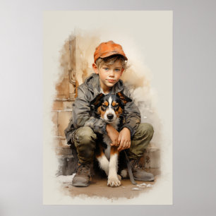 Affiche Petit garçon et chien