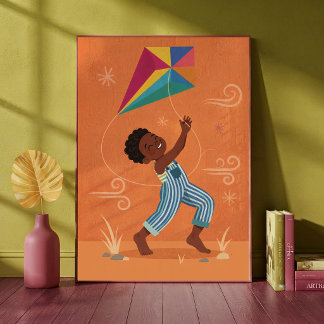 Affiche Petit Garçon Heureux Faisant Voler un Cerf-Volant