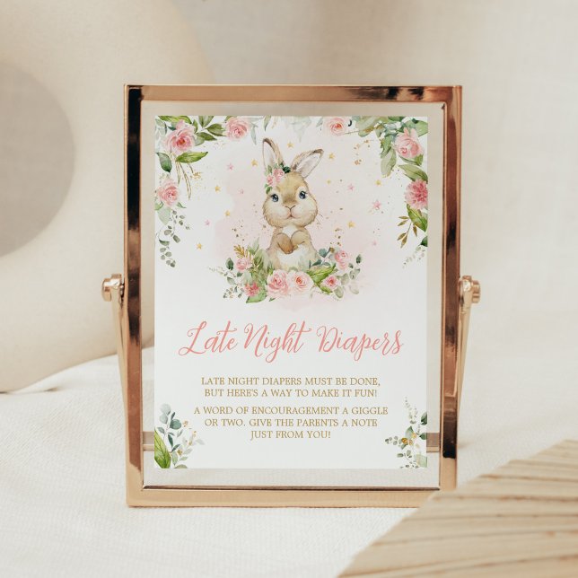Affiche Petit Lapin Rose Floral Tard Diapositives De Nuit (Girl Peter Rabbit Baby Shower Late Night Diapers Sign)