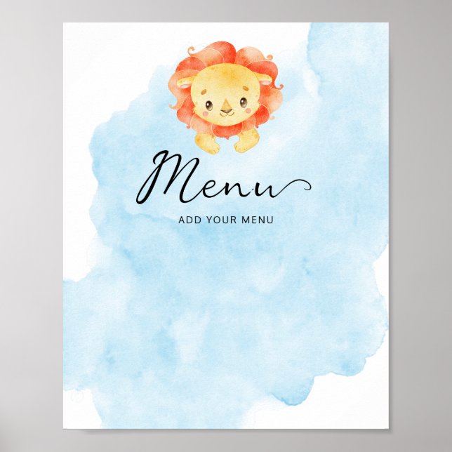 Affiche Petit Lion C'est un Garçon Aquarelle Bleu Menu (Devant)