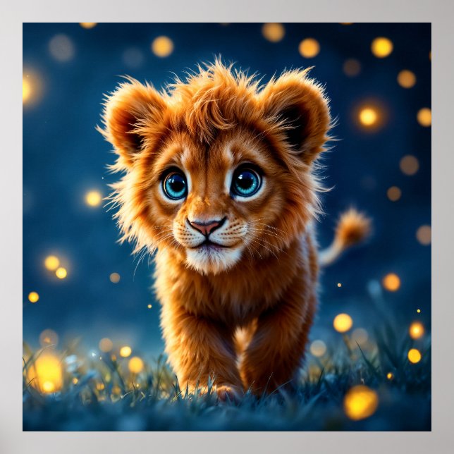 Affiche Petit lionceau d'or Whimsical dans une scène oniri (Devant)