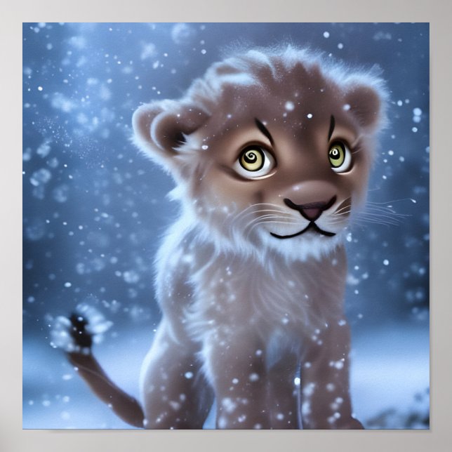 Affiche Petit lionceau mignon dans la neige (Devant)