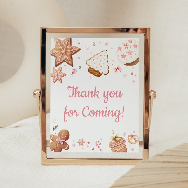 Affiche Petit Merci de biscuits rose de Noël pour venir (Christmas Little Cookie Gingerbread Baby Shower Thank you for Coming Sign)