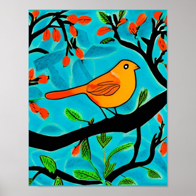 Affiche Petit oiseau orange sur une branche de fleurs (Devant)