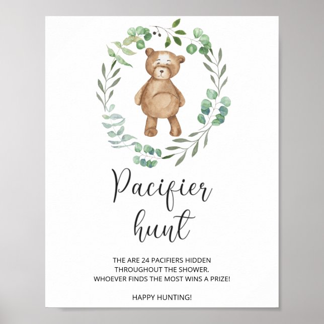 Affiche petit ours chasse pacifier jeu de baby shower (Devant)