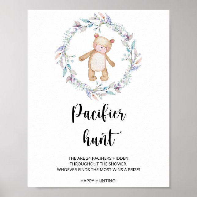 Affiche petit ours chasse pacifier jeu de baby shower (Devant)