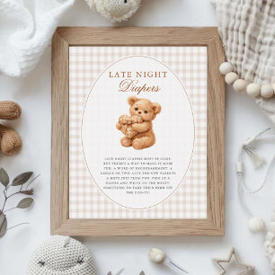 Affiche Petit ours en gingham marron Baby Shower