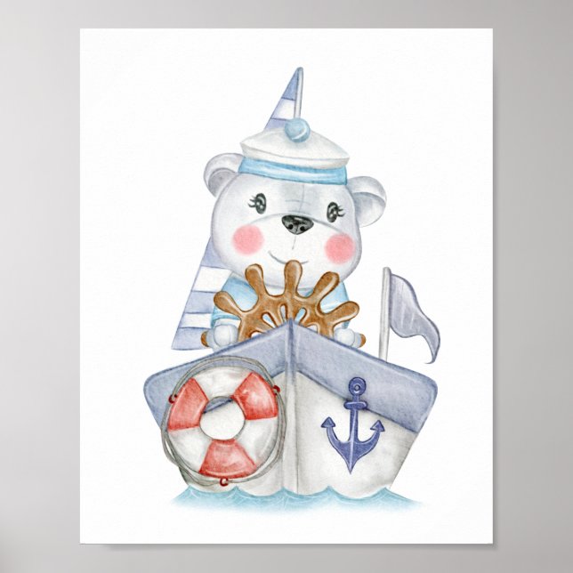 Affiche Petit ours polaire marin en peluche sur un bateau (Devant)