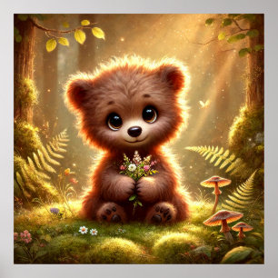 Affiche Petit Ourson avec des Fleurs dans une Forêt Enchan