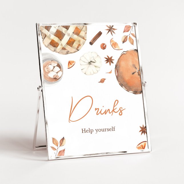 Affiche Petit panneau de boissons de citrouille automnale  (Pumpkin Pie Baby Shower Drinks Sign)