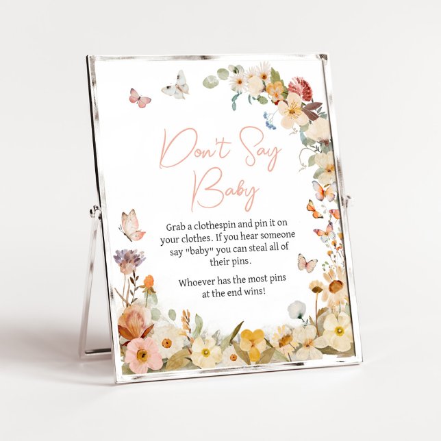 Affiche Petit papillon fleur sauvage Ne pas dire bébé (Little Butterfly Wildflower Baby Shower Don't Say Baby Sign)
