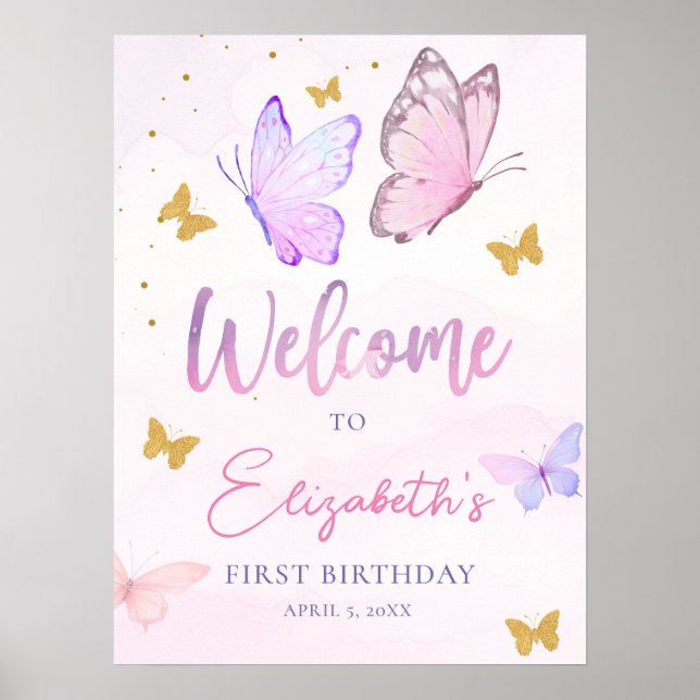 Affiche Petit Papillon rose violet fille Anniversaire Bien (Devant)