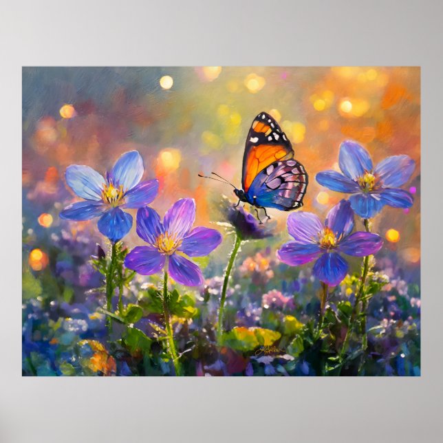 Affiche Petit papillon sur des fleurs sauvages au lever du (Devant)