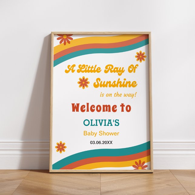 Affiche Petit rayon de soleil Baby shower rétro Bienvenue (A Little Ray of Sunshine Retro Baby Shower Welcome Sign )