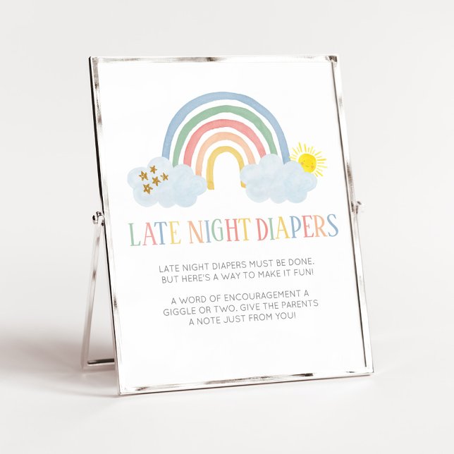 Affiche Petit Rayon de Soleil Panneau pour Changes de Nuit (Rainbow Baby Shower Late Night Diapers Sign)