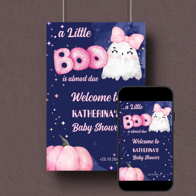Affiche Petite botte Halloween fille baby shower signe de  (Little Boo Halloween baby shower welcome sign template poster digital download cute girl ghost)