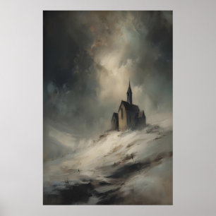 Affiche Petite chapelle sur une colline enneigée, église r
