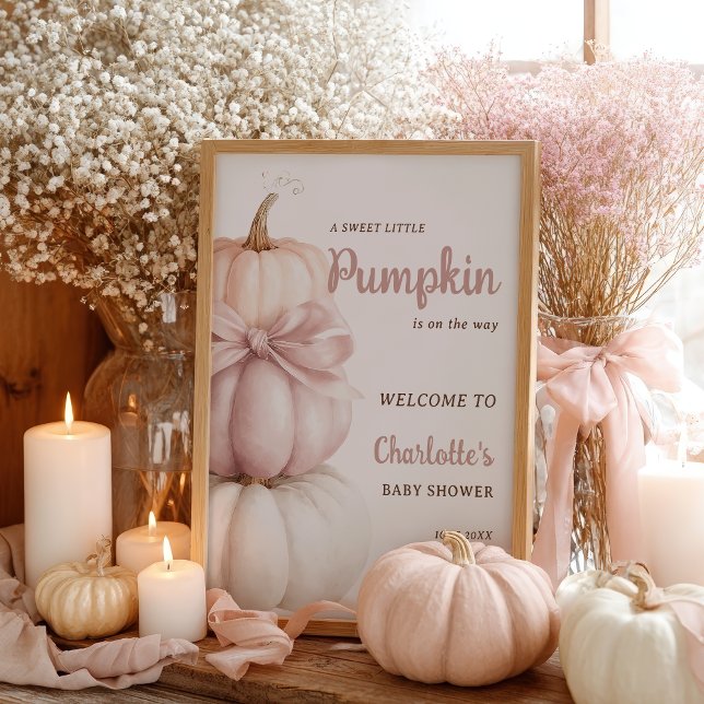 Affiche Petite Citrouille  Baby shower Bienvenue (Pink Bow Little Pumpkin Girl Baby Shower Welcome Poster)