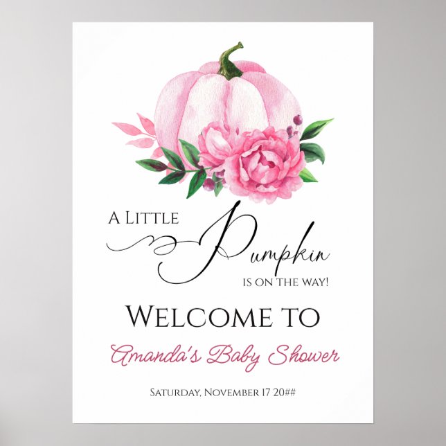 Affiche Petite Citrouille Rose Foncé Fête de Bébé Rustique (Devant)