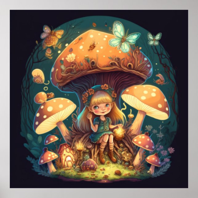 Affiche Petite elve de fille parmi les champignons (Devant)