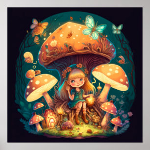 Affiche Petite elve de fille parmi les champignons