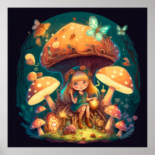 Affiche Petite elve de fille parmi les champignons