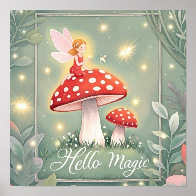 Affiche Petite fée perchée sur un champignon et brillant  (Devant)