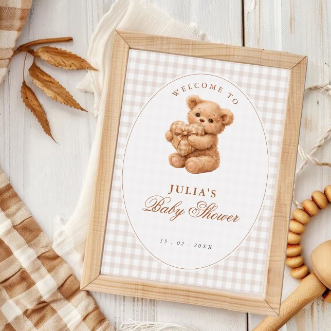 Affiche Petite Fête Baby Shower Ours en Velours Gingham Ma (Créateur téléchargé)