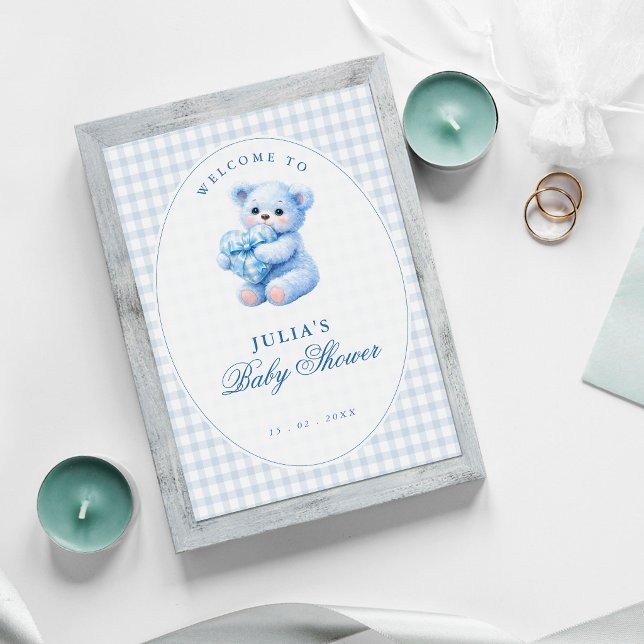 Affiche Petite Fête de Naissance Ourson en Vichy Bleu (Créateur téléchargé)